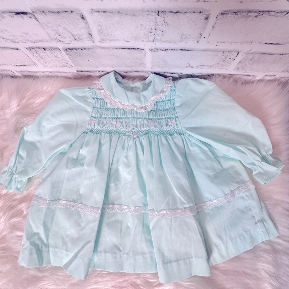 Vintage Polly Flinders Mint Green Baby Dress‎ with Lace